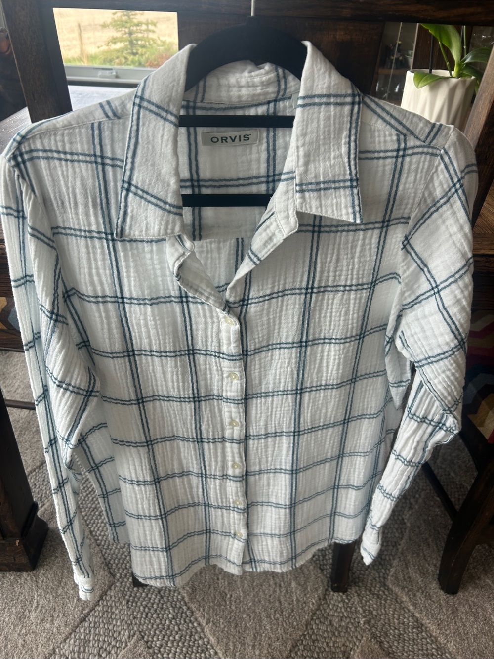 Orvis White Shirt with Blue Windowpane Plaid